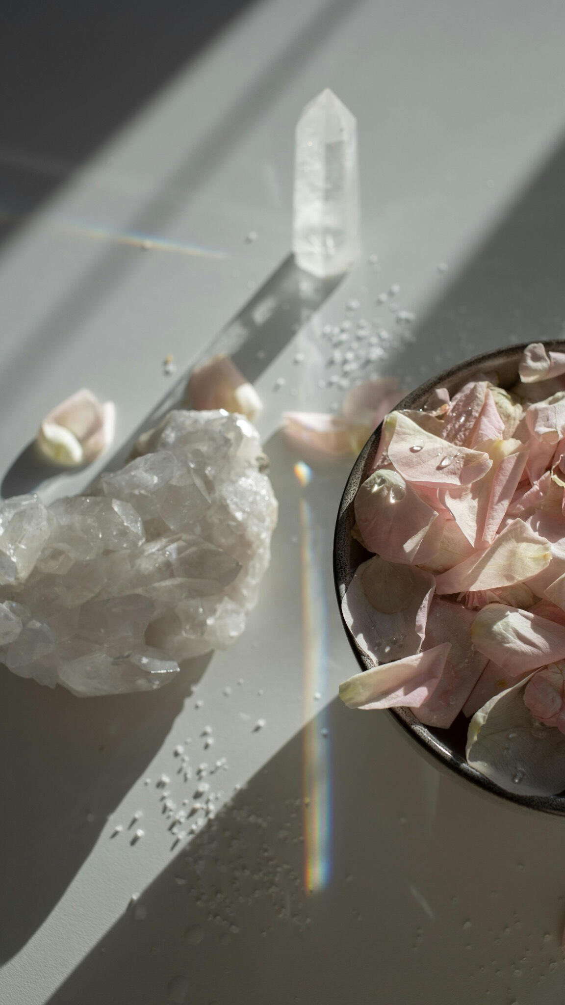 This is a photo of a Clear Quartz crystal alongside a bowl of pink rose petals.