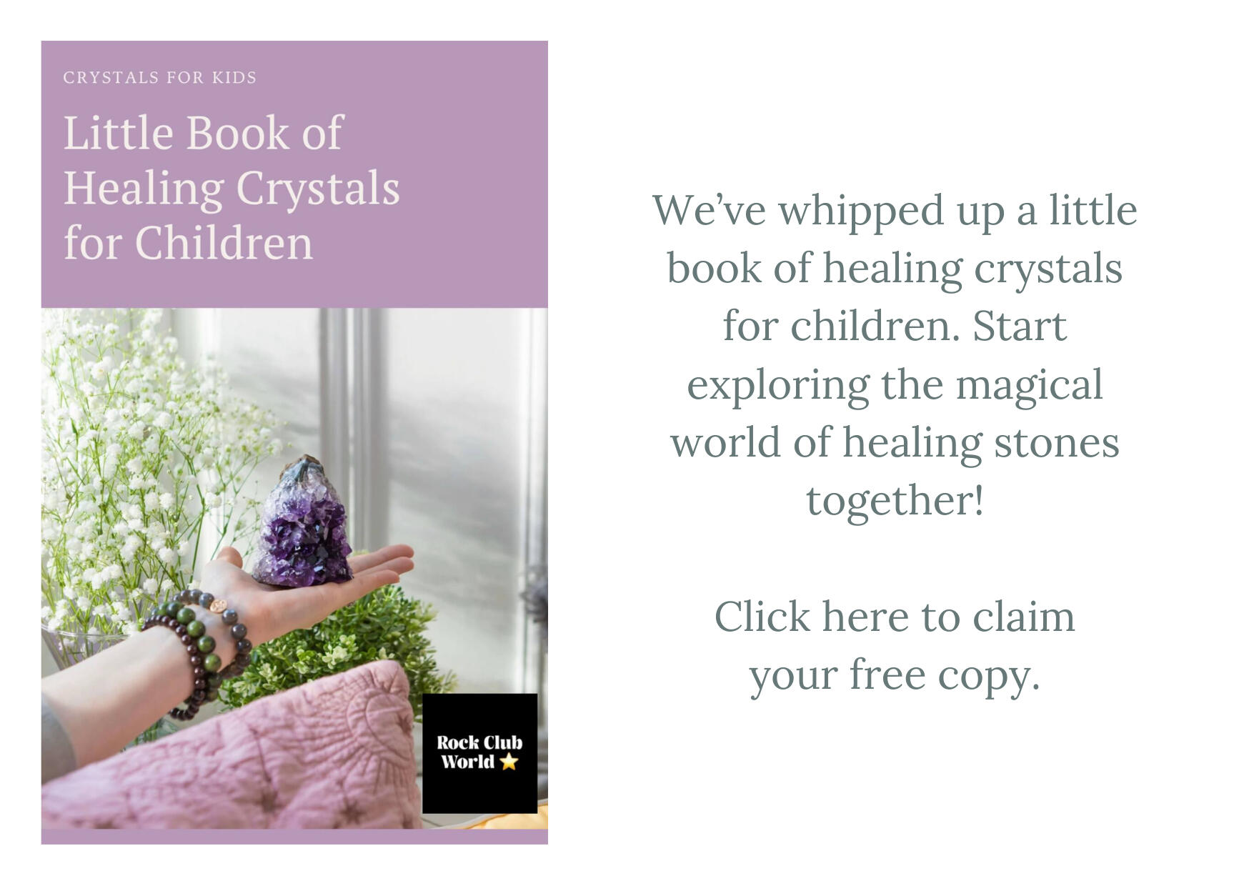 This is a photo of an Amethyst crystal with link to free book of healing crystals for children.